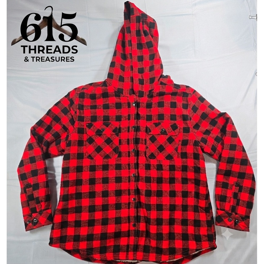 Boston Traders Men XXL Red Black Buffalo Plaid Sherpa Lined Hooded Flannel Shirt